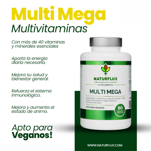 Multivitamínico MULTI MEGA mas de 40 Vitaminas y Minerales en una sola cápsula.