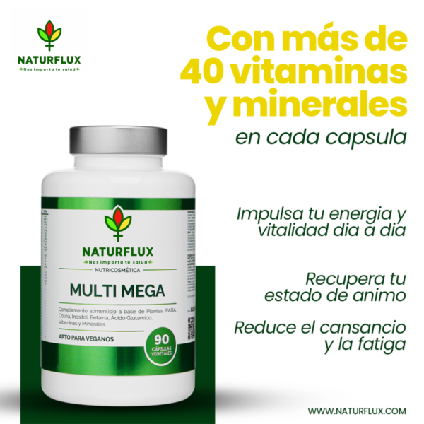 Multivitamínico MULTI MEGA mas de 40 Vitaminas y Minerales en una sola cápsula.