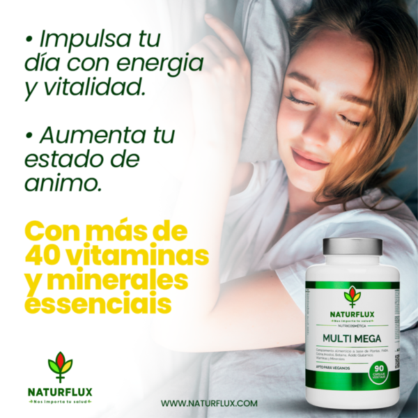 Multivitamínico MULTI MEGA mas de 40 Vitaminas y Minerales en una sola cápsula.