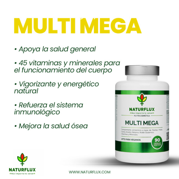 Multivitamínico MULTI MEGA mas de 40 Vitaminas y Minerales en una sola cápsula.