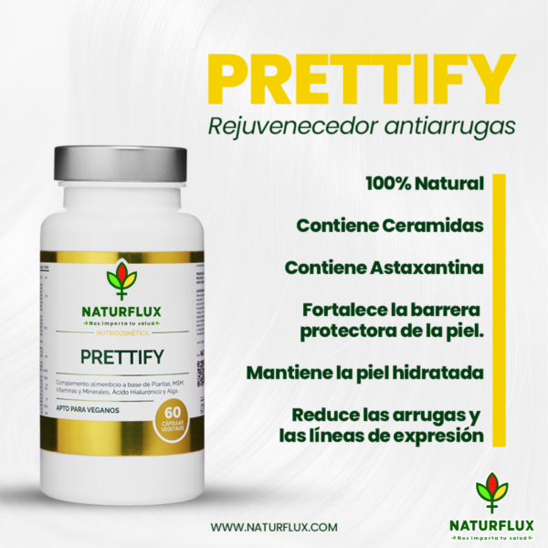 PRETTIFY Rejuvenecedor Antiarrugas. Revitaliza, Hidrate y Tonifica la piel. 60 Capsulas vegetales